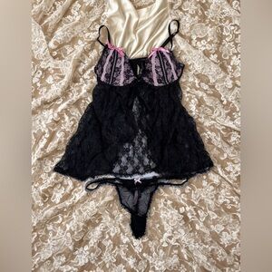 PrettyLittleThing Victoria’s Secret Black Pink Lace Chemise Teddy Babydoll, 34C